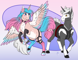 Size: 2125x1659 | Tagged: safe, artist:blackblood-queen, oc, oc:silvervale, oc:touken ryuujin, alicorn, pony, unicorn, alicorn oc, bald face, blaze (coat marking), blushing, clothes, coat markings, colored wings, commission, digital art, duo, facial markings, female, gradient mane, horn, looking at each other, male, mare, multicolored wings, pale belly, ponified, rearing, silvervale, smiling, socks (coat markings), stallion, unicorn oc, vshojo, vtuber, wings