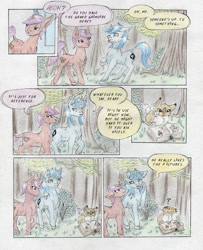 Size: 2208x2716 | Tagged: safe, artist:cindertale, oc, oc only, oc:aeon of dreams, oc:cinder, deer, pony, unicorn, book, chest fluff, comic, confused, cute, deer oc, dialogue, high res, horn, looking up, male, outdoors, reading, stallion, traditional art, tree, unicorn oc