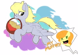 Size: 4096x2896 | Tagged: safe, alternate version, artist:avery-valentine, carrot top, derpy hooves, golden harvest, earth pony, pegasus, pony, g4, basket, food, mouth hold, muffin, muffin thief, text, text edit
