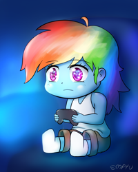 Size: 960x1200 | Tagged: safe, artist:empyu, rainbow dash, equestria girls, g4, chibi, clothes, controller, playing, sitting, socks, solo, stocking feet, younger