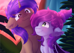 Size: 2100x1500 | Tagged: safe, artist:zobaloba, oc, oc only, oc:jade jump, oc:lunar spice, bat pony, pony, unicorn, commission, jadespice, looking at each other, smiling, smiling at each other, ych result