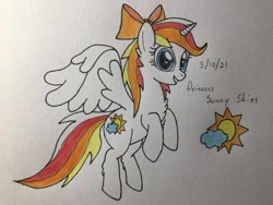 Size: 721x541 | Tagged: safe, artist:carty, oc, oc:sunny skies, alicorn, pony, bow, cute, female, flying, hair bow, mare, smiling, traditional art