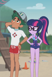 Size: 730x1080 | Tagged: safe, screencap, sci-twi, timber spruce, twilight sparkle, equestria girls, g4, my little pony equestria girls: better together, unsolved selfie mysteries, clothes, comments locked down, cropped, duo, female, glasses, graveyard of comments, hand on hip, lifeguard timber, male, one-piece swimsuit, sci-twi is not amused, sleeveless, swimsuit