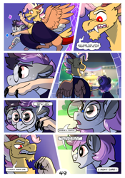 Size: 2100x3000 | Tagged: safe, artist:loryska, oc, oc:larkspur, oc:niko, draconequus, earth pony, hybrid, pony, comic:friendship grows, glasses, hand bite, high res, interspecies offspring, male, offspring, parent:derpy hooves, parent:discord, parent:doctor whooves, parent:fluttershy, parents:discoshy, parents:doctorderpy, stallion