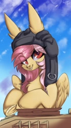 Size: 865x1560 | Tagged: dead source, safe, artist:mysha, oc, oc only, oc:cotton seams, pegasus, pony, clothes, hat, looking at you, simple background, solo, tank (vehicle)
