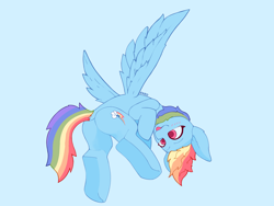 Size: 2224x1668 | Tagged: safe, alternate version, artist:enzodoesart, rainbow dash, pegasus, pony, g4, :p, blushing, dock, featureless crotch, female, flying, looking down, low angle, multicolored hair, rainbow hair, simple background, solo, tongue out