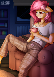 Size: 2000x2864 | Tagged: safe, artist:rinikka, oc, oc only, oc:cotton seams, pegasus, anthro, bookshelf, chair, clothes, cup, detailed background, earbuds, food, high res, night, not flutterbat, not fluttershy, pajamas, phone, rug, sitting, snow, snowfall, solo, tea, window