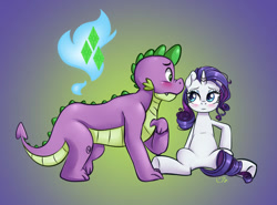 Size: 600x445 | Tagged: safe, artist:pia-sama, rarity, spike, dragon, pony, unicorn, g4, blushing, body swap, fanfic, fanfic art, fanfic cover, female, gigachad spike, horn, horn ring, jewelry, male, mare, older, older spike, quadrupedal spike, ring, ship:sparity, shipping, straight, wingless spike