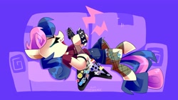 Size: 4096x2301 | Tagged: safe, artist:nekosnicker, bon bon, sweetie drops, pony, bonnie (vylet pony), g4, clothes, couch, electric guitar, eyes closed, guitar, lesbian pride flag, lying down, musical instrument, playing instrument, pride, pride flag, ripped stockings, shirt, shorts, simple background, smiling, solo, sticker, stockings, studded bracelet, t-shirt, thigh highs, torn clothes, vylet pony, wristband