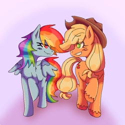 Size: 1080x1080 | Tagged: safe, artist:telelio_, applejack, rainbow dash, pony, g4, blushing, duo, female, half-closed eyes, half-lidded eyes, hat, lesbian, looking at each other, pixel art, raised hoof, shadow, ship:appledash, shipping, smiling, smirk, symmetrical, trotting, unshorn fetlocks, walking, walking towards you