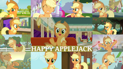 Size: 1280x721 | Tagged: safe, edit, edited screencap, editor:quoterific, screencap, applejack, honey curls, mare e. lynn, pinkie pie, earth pony, pony, a canterlot wedding, applejack's "day" off, bats!, call of the cutie, crusaders of the lost mark, g4, hearthbreakers, princess twilight sparkle (episode), the last roundup, the saddle row review, the show stoppers, the ticket master, too many pinkie pies, ^^, apple, apple family member, applejack's hat, bipedal, blushing, cowboy hat, cute, eyes closed, female, food, hat, jackabetes, male, mare, offscreen character, open mouth, smiling, stallion, teeth, tree