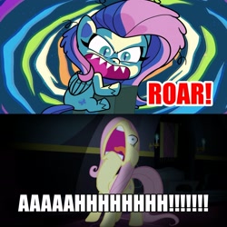 Size: 2289x2289 | Tagged: safe, edit, edited screencap, screencap, fluttershy, pegasus, pony, g4, g4.5, my little pony: pony life, scare master, season 5, unboxing day, box, caption, comic, female, flutterscream, fluttershy is best facemaker, generational ponidox, high res, onomatopoeia, open mouth, prank, roar, scared, screaming, screencap comic, sharp teeth, solo, teeth, text, twilight's castle