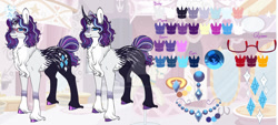 Size: 1280x577 | Tagged: safe, artist:malinraf1615, rarity, pony, unicorn, g4, alternate design, alternate hairstyle, chest fluff, curved horn, ear piercing, earring, female, glasses, horn, jewelry, magic, mare, markings, necklace, piercing, redesign, reference sheet, ring, solo, unshorn fetlocks, wedding ring