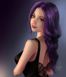 Size: 1200x1408 | Tagged: safe, artist:magfen, rarity, human, g4, alternate hairstyle, black dress, breasts, clothes, dress, eyeshadow, female, humanized, jewelry, lipstick, makeup, necklace, pearl necklace, photorealistic, realistic, signature, sleeveless, solo
