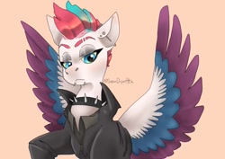 Size: 995x705 | Tagged: safe, artist:superduperath, zipp storm, pegasus, pony, g5, badass, choker, clothes, edgy, female, industrial piercing, jacket, leather jacket, mare, metalhead, orange background, piercing, simple background, snake bites, solo, spiked choker, spread wings, wings