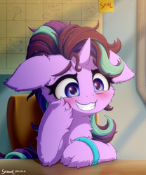 Size: 2000x2400 | Tagged: safe, artist:symbianl, starlight glimmer, pony, unicorn, g4, student counsel, blushing, bracelet, cheek fluff, chest fluff, colored eyebrows, cute, ear fluff, eyebrows, female, floppy ears, fluffy, glimmerbetes, grin, high res, holding head, hoof fluff, horn, jewelry, leg fluff, mare, nervous, nervous smile, smiling, solo, starlighting, stressed, symbianl is trying to murder us