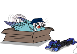 Size: 1152x821 | Tagged: safe, alternate character, alternate version, artist:rokosmith26, part of a set, nightmare moon, oc, oc only, oc:ice, pegasus, pony, g4, bait, behaving like a cat, box, butt fluff, cheek fluff, commission, ear piercing, earring, eyes on the prize, female, floppy ears, fluffy, hat, if i fits i sits, imminent pounce, jewelry, looking at something, lying down, mare, part of a series, piercing, plushie, pony in a box, roko's hunting ponies, simple background, solo, string, tail, toy, transparent background, wings, ych result