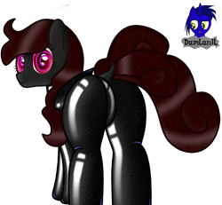 Size: 4154x3840 | Tagged: safe, artist:damlanil, oc, oc:nightshade, pegasus, pony, butt, catsuit, clothes, commission, dock, female, hypnosis, hypnotized, latex, latex suit, looking at you, looking back, looking back at you, mare, plot, rubber, shiny, shiny mane, show accurate, suit, swirly eyes, vector, wings