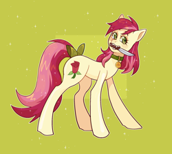 Size: 1704x1520 | Tagged: safe, artist:induk, roseluck, earth pony, pony, g4, blushing, bow, collar, commission, commissioner:doom9454, cute, fangs, knife, mouth hold, pet tag, pony pet, rosepet, sparkly eyes, tail bow, wingding eyes