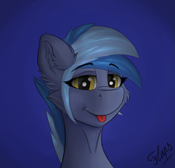 Size: 2009x1929 | Tagged: safe, artist:flapstune, oc, oc only, oc:pixi feather, pegasus, pony, blue background, bust, female, fluffy, mare, signature, simple background, smiling, solo, tongue out