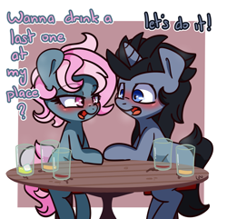 Size: 1296x1250 | Tagged: safe, artist:lou, oc, oc:juicy dream, oc:trent, pony, unicorn, blushing, commission, dialogue, table, truicy