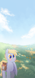 Size: 1080x2400 | Tagged: safe, artist:melonmilk, derpibooru exclusive, derpy hooves, pegasus, pony, g4, bag, cute, derpabetes, dopey hooves, food, male, muffin, nature, phone wallpaper, rule 63, rule63betes, saddle bag, scenery, solo, stallion, wallpaper