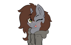 Size: 2549x1621 | Tagged: safe, artist:yelowcrom, oc, oc only, oc:arjin, pony, unicorn, ;p, blushing, bust, cheek fluff, clothes, cute, ear fluff, hoodie, one eye closed, simple background, solo, tongue out, wink