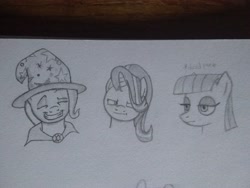 Size: 3264x2448 | Tagged: safe, artist:unithiccy, maud pie, starlight glimmer, trixie, earth pony, pony, unicorn, g4, bust, clothes, female, grin, hat, high res, mare, photo, smiling, traditional art, trixie's hat