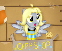 Size: 1600x1300 | Tagged: safe, artist:tina-de-love, derpy hooves, pegasus, pony, temmie, g4, clothes, cosplay, costume, crossover, cute, derpabetes, food, muffin, tem shop, undertale