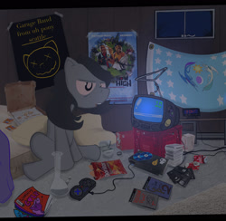 Size: 1624x1584 | Tagged: safe, earth pony, pony, bong, chips, coca-cola, dirty, doritos, drugs, food, high, incel, playstation, playstation 2, room, sitting, solo, vhs