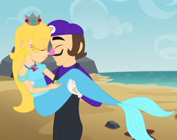 Size: 2143x1693 | Tagged: safe, artist:danielarkansanengine, artist:perplexedpegasus, artist:user15432, human, mermaid, starfish, equestria girls, g4, barely eqg related, base used, beach, blue tail, carrying, clothes, crossover, crown, duo, ear piercing, earring, equestria girls style, equestria girls-ified, eyes closed, fins, gloves, hair over one eye, jewelry, long sleeved shirt, long sleeves, male, mermaid princess, mermaid tail, mermaidized, mermay, necklace, nintendo, ocean, overalls, pearl necklace, piercing, princess rosalina, purple hat, regalia, rock, rosalina, sand, seashell, seashell necklace, shirt, species swap, super mario bros., undershirt, waluigi, waluigi's hat, water