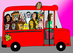 Size: 1024x744 | Tagged: safe, artist:chlorofilla, cheese sandwich, bird, earth pony, human, owl, pony, robot, g4, adventure time, another one rides the bus, crossover, dr screwball jones, gravity falls, male, milo murphy's law, scooby-doo!, song reference, the grim adventures of billy and mandy, the simpsons, the weird al show, transformers, transformers animated, uncle grandpa, voice actor joke, wander over yonder, weird al yankovic, wreck-gar