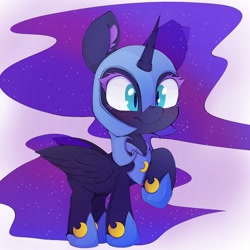 Size: 2048x2048 | Tagged: safe, artist:zokkili, nightmare moon, alicorn, pony, g4, armor, blushing, chibi, colored eyelashes, cute, ear fluff, feathered wings, female, filly, frown, gradient background, high res, hoof shoes, mare, moon, moonabetes, nicemare moon, nightmare woon, raised hoof, solo, three quarter view, wide eyes, wings
