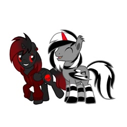 Size: 768x768 | Tagged: safe, oc, oc:dj zeb-3, oc:negative, alicorn, bat pony, pony, alicorn oc, bat pony oc, best friends, clothes, happy, hoodie, horn, red eyes, show accurate, skull cutie mark, smiling, socks, wings