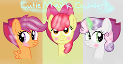 Size: 997x522 | Tagged: safe, artist:princessdaisyofficialchannel, apple bloom, scootaloo, sweetie belle, earth pony, pony, g4, adorabloom, apple bloom's bow, aura, best friends, blushing, bow, cute, cutealoo, cutie mark, cutie mark crusaders, diasweetes, female, filly, friends, hair bow, magic, signature, trio, trio female, wallpaper