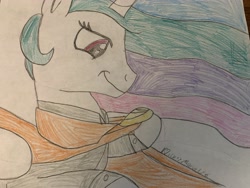 Size: 4032x3024 | Tagged: safe, artist:disneymarvel96, princess celestia, alicorn, pony, g4, brooch, cape, clasp, clothes, drawing, female, holding, jewelry, looking down, shirt, solo