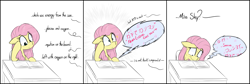 Size: 8959x3000 | Tagged: safe, artist:pinkberry, fluttershy, pegasus, pony, g4, anime reference, biology, book, cagayake! girls, classroom, comic, desk, emanata, embarrassed, floppy ears, high school, japanese, k-on, offscreen character, otakushy, ringtone, solo, song reference, sweat, sweatdrops, teenager, weeaboo