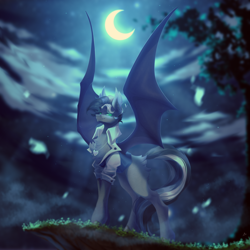 Size: 4134x4134 | Tagged: safe, artist:mian1205, oc, oc only, oc:bullet chaser, bat pony, pony, absurd resolution, bat pony oc, butt fluff, chest fluff, clothes, complex background, crescent moon, jewelry, moon, necklace, night, solo