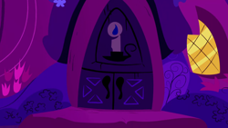 Size: 1280x720 | Tagged: safe, screencap, g4, season 1, the ticket master, background, door, golden oaks library, night, no pony, ponyville, scenic ponyville