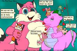 Size: 1176x782 | Tagged: safe, artist:malortcomics, spike (g1), oc, dragon, fox, cassie (dragon tales), dragon tales, fat, g1 spike is not amused, tongue out, unamused, wendy o. koopa