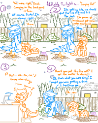 Size: 4779x6013 | Tagged: safe, artist:adorkabletwilightandfriends, rainbow dash, scootaloo, pegasus, pony, comic:adorkable twilight and friends, g4, absurd resolution, adorkable, adorkable friends, backyard, butt, camp, campfire, camping, chocolate bar, comic, cute, cutealoo, dork, duo, duo female, faic, female, fence, filly, fire, food, friendship, grass, gross, hanging out, house, implied rarity, implied urine, lawn, light, mare, marshmallow, moon, night, peeing out fire, plot, safety, sleeping bag, slice of life, smug, smugdash, stars, toilet humor, tree stump, wall of tags, water, wood, yard