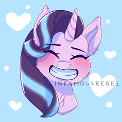 Size: 2900x2900 | Tagged: safe, artist:infamousrebel, starlight glimmer, pony, unicorn, g4, blushing, bust, cheek fluff, chest fluff, cute, doodle, ear fluff, eye clipping through hair, eyebrows, eyebrows visible through hair, eyes closed, female, glimmerbetes, grin, heart, high res, mare, portrait, smiling, solo