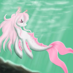 Size: 2048x2048 | Tagged: safe, artist:megumi-arakaki, oc, oc only, merpony, crepuscular rays, digital art, female, fins, fish tail, flowing mane, high res, ocean, solo, sunlight, swimming, tail, underwater, water