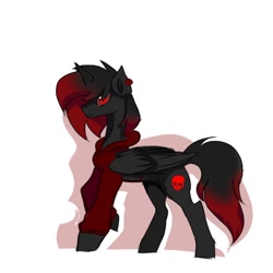 Size: 768x768 | Tagged: safe, oc, oc only, oc:negative, alicorn, pony, alicorn oc, clothes, ear piercing, earring, hoodie, horn, jewelry, piercing, red eyes, red mane, skull cutie mark, solo, wings
