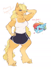 Size: 1280x1801 | Tagged: safe, artist:glorymoon, applejack, rainbow dash, earth pony, pegasus, anthro, unguligrade anthro, g4, arm behind head, clothes, ear piercing, earring, female, grin, hair over one eye, hand on hip, jewelry, lesbian, messy mane, piercing, ship:appledash, shipping, shorts, simple background, smiling, tank top, white background