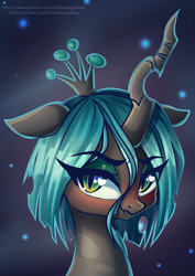 Size: 1000x1414 | Tagged: safe, artist:chaosangeldesu, queen chrysalis, changeling, changeling queen, g4, alternate hairstyle, bust, crown, eye clipping through hair, female, filly, floppy ears, haircut, heart eyes, jewelry, looking at you, portrait, regalia, short mane, solo, stray strand, three quarter view, wingding eyes, younger