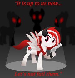 Size: 914x951 | Tagged: safe, artist:phantom arts, oc, oc:hearo zellia, pegasus, pony, gun, headphones, spooky, weapon