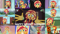 Size: 1280x720 | Tagged: safe, edit, edited screencap, editor:quoterific, screencap, sunset shimmer, pony, unicorn, a fine line, dance magic, equestria girls, equestria girls series, equestria girls specials, friendship through the ages, g4, how to backstage, mirror magic, my little pony equestria girls: legend of everfree, my little pony equestria girls: summertime shorts, my past is not today, rollercoaster of friendship, so much more to me, super squad goals, the art of friendship, the finals countdown, unsolved selfie mysteries, spoiler:eqg series (season 2), apron, belly button, camera shot, chalkboard, clothes, cute, cutie mark, cutie mark on clothes, eyes closed, female, geode of empathy, grin, jacket, jewelry, leather, leather jacket, looking at you, magical geodes, mare, midriff, necklace, one eye closed, open mouth, shimmerbetes, smiling, twilight's castle, wink
