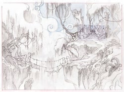 Size: 1078x796 | Tagged: safe, artist:davedunnet, official, bridge, castle of the royal pony sisters, concept art, monochrome, moon, old castle ruins, pencil drawing, ruins, sketch, traditional art