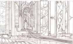 Size: 1337x801 | Tagged: safe, artist:davedunnet, official, canterlot castle, concept art, monochrome, pencil drawing, sketch, stained glass, throne room, traditional art